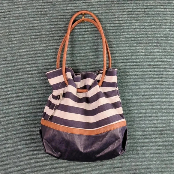 Minicci Navy And White Striped Tote Purse Brown Faux Leather Accents - Picture 1 of 12